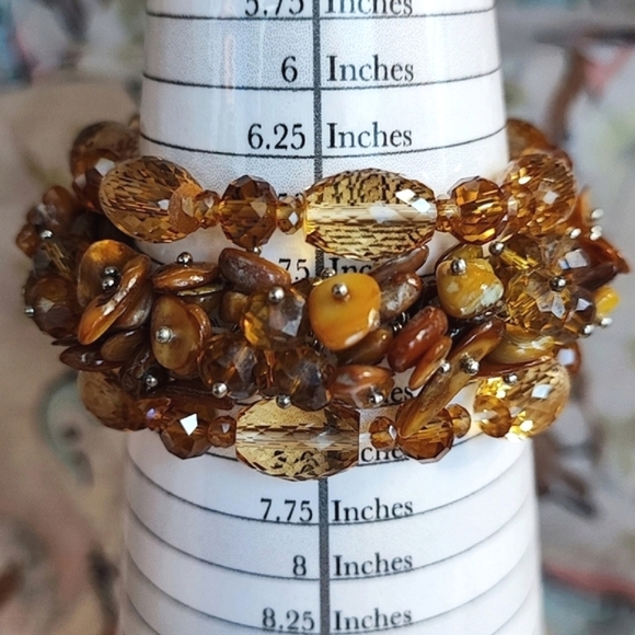 Set of 3 Topaz Honey Citrine Color Highly Faceted Glass Shell Stretch Bracelets - Picture 5 of 16